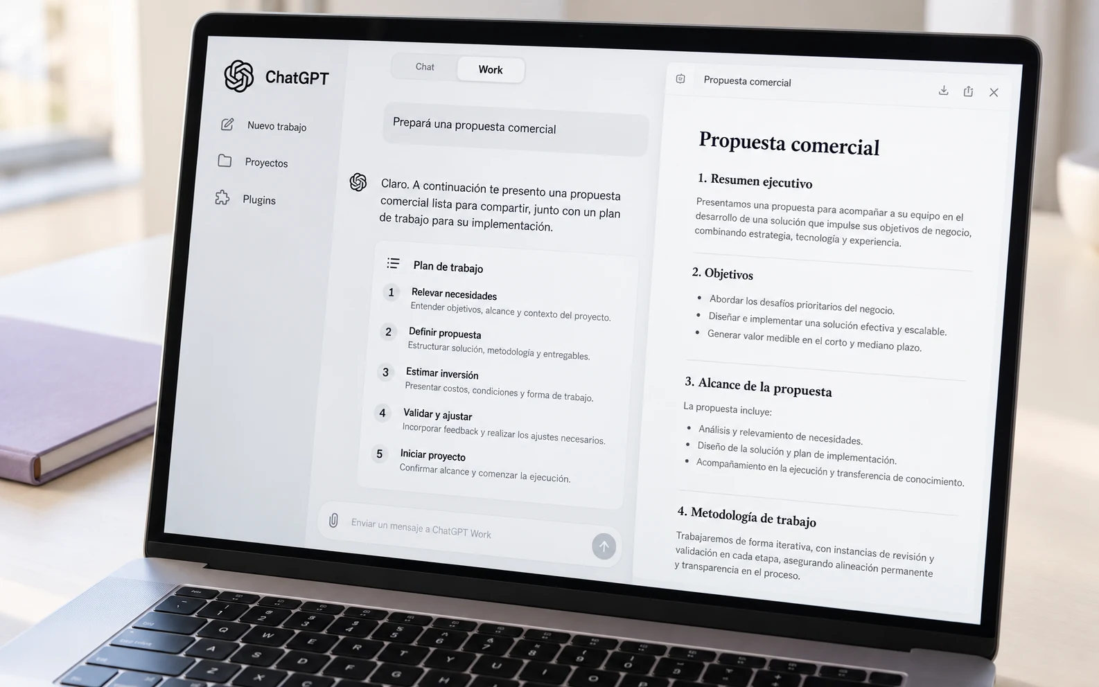 Composición de una Mac con una captura real de ChatGPT Work abierto y un mensaje de ejemplo sin enviar